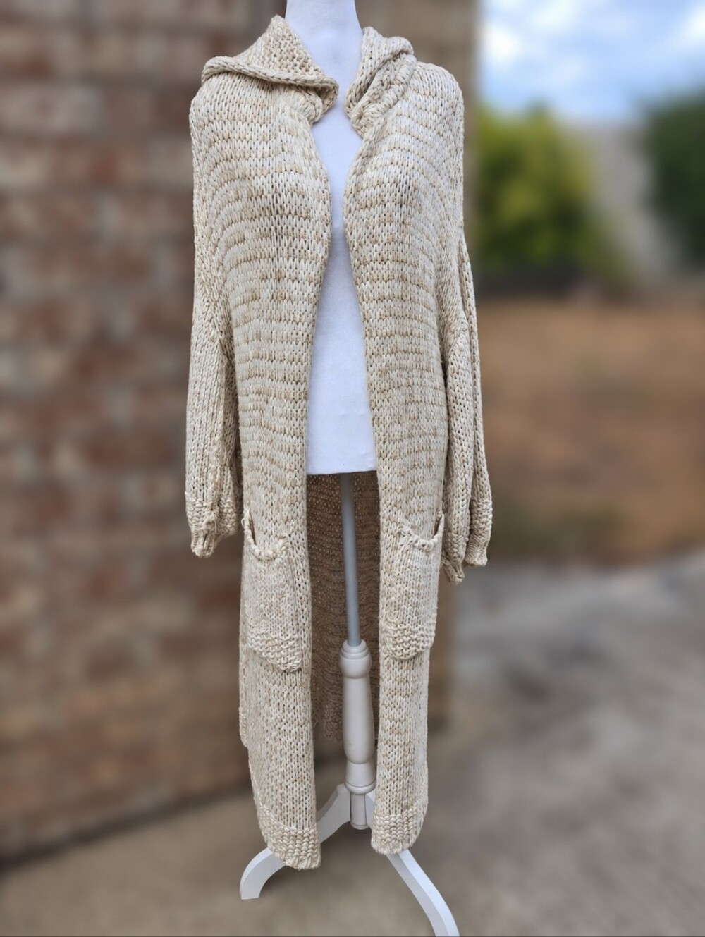 Free People Neutral Chunky Knit Hooded Longline Midi Cardigan Duster Size Small - Picture 4 of 16